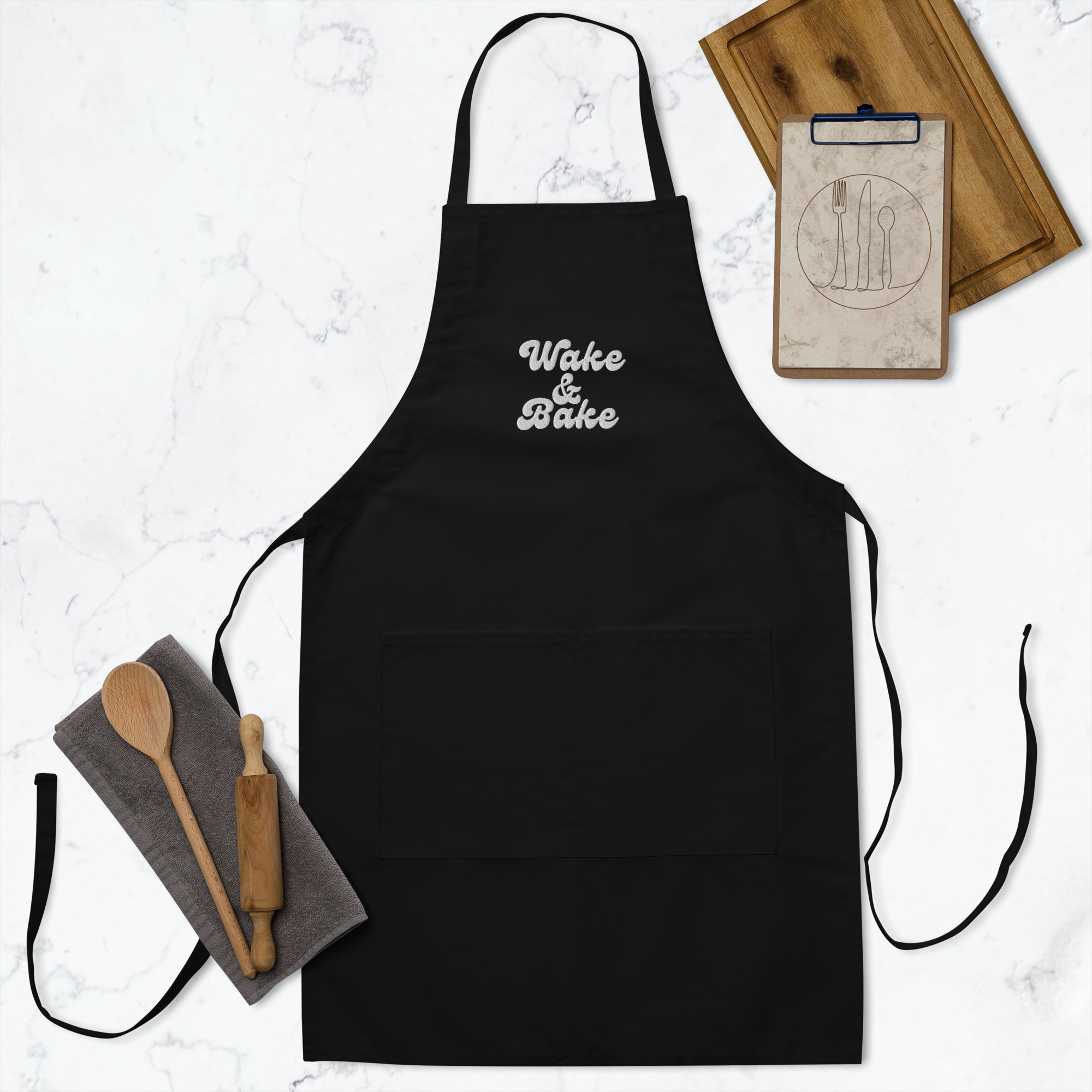 Wake and Bake Black Embroidered Apron